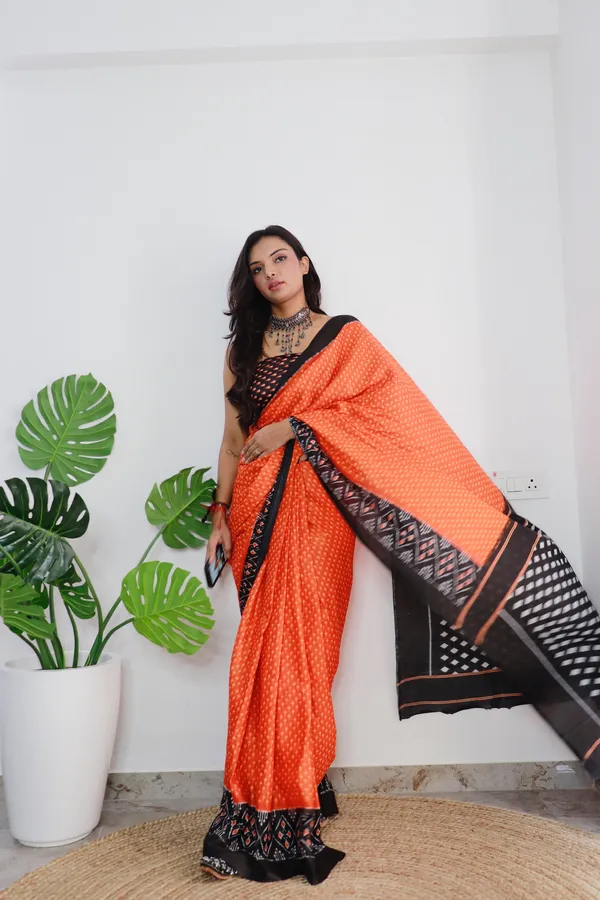 HANDICRAFT_WOMEN'S_Ikkat_PRINT_PURE_SOFT_COTTON_SAREE_WITH_BLOUSE_PIECE_With_Blouse_Piece